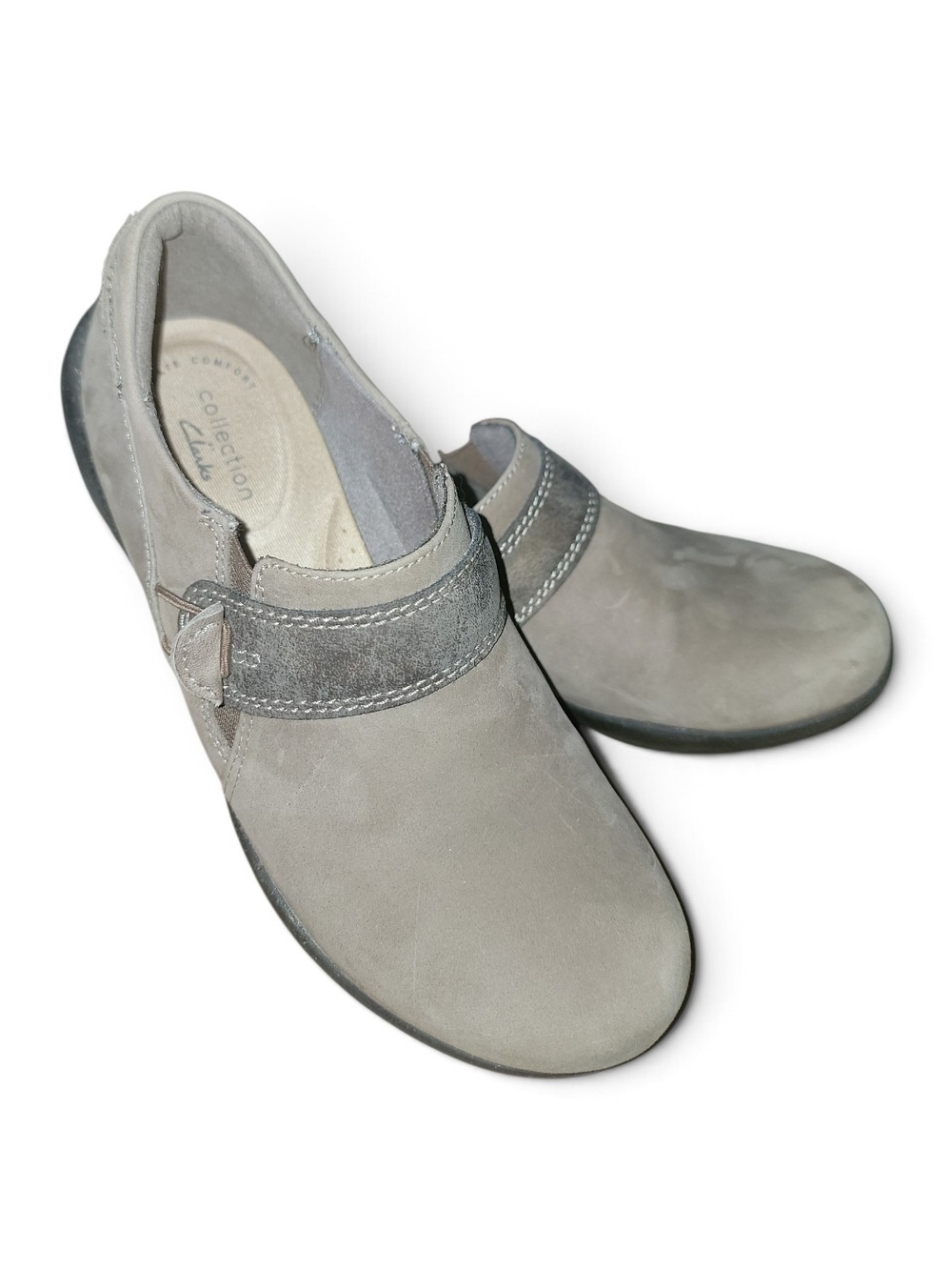 Clarks Women's Gray Taupe Suede Slip-On Loafers.  Roseville Dot.